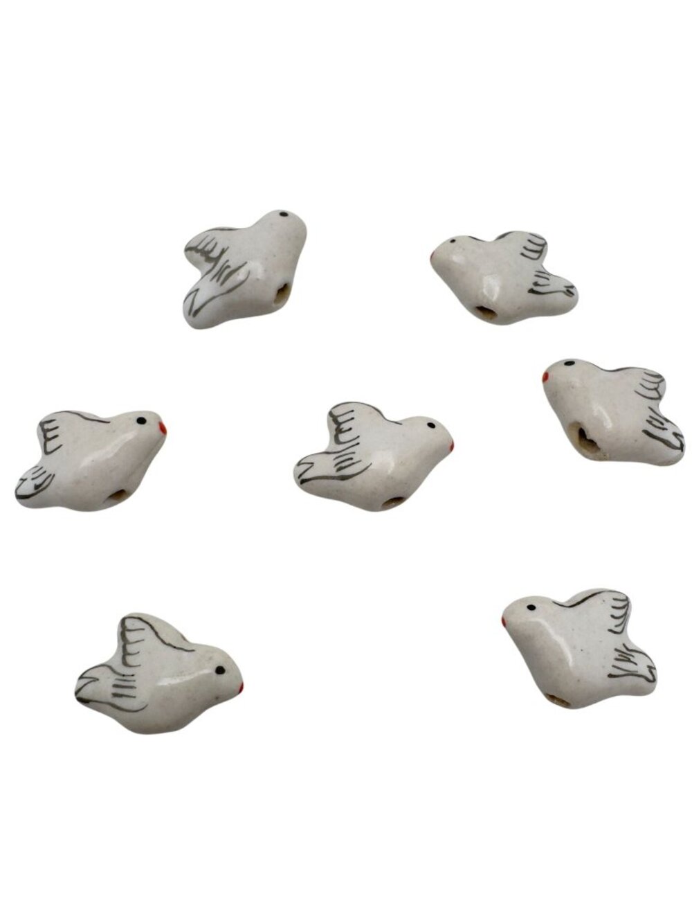 Hand-Painted Ceramic White Black Dove Birds Beads Set Of 7